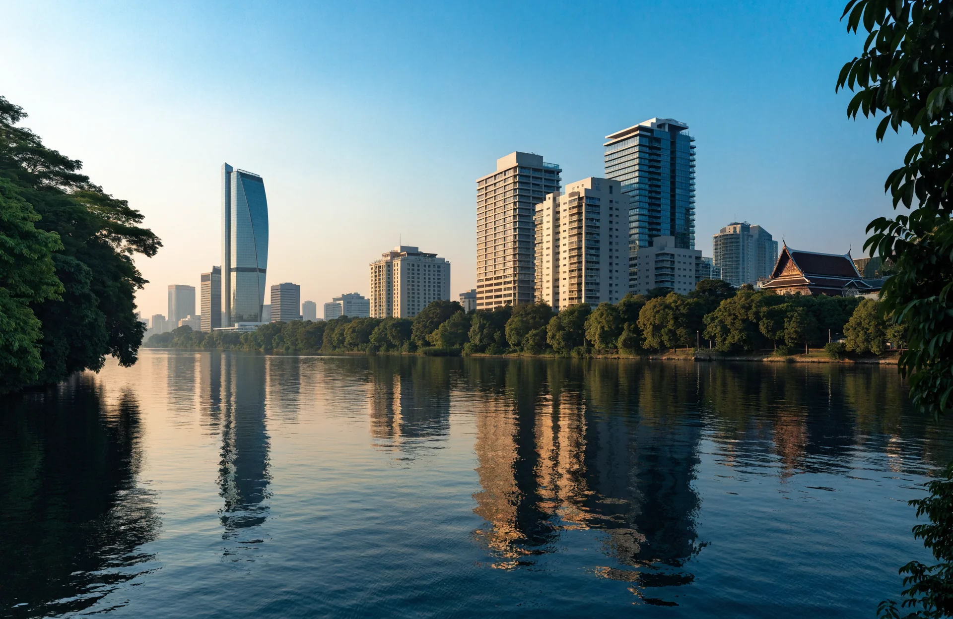 Illustrative view across the Chao Phraya River toward Bangkok at golden hour