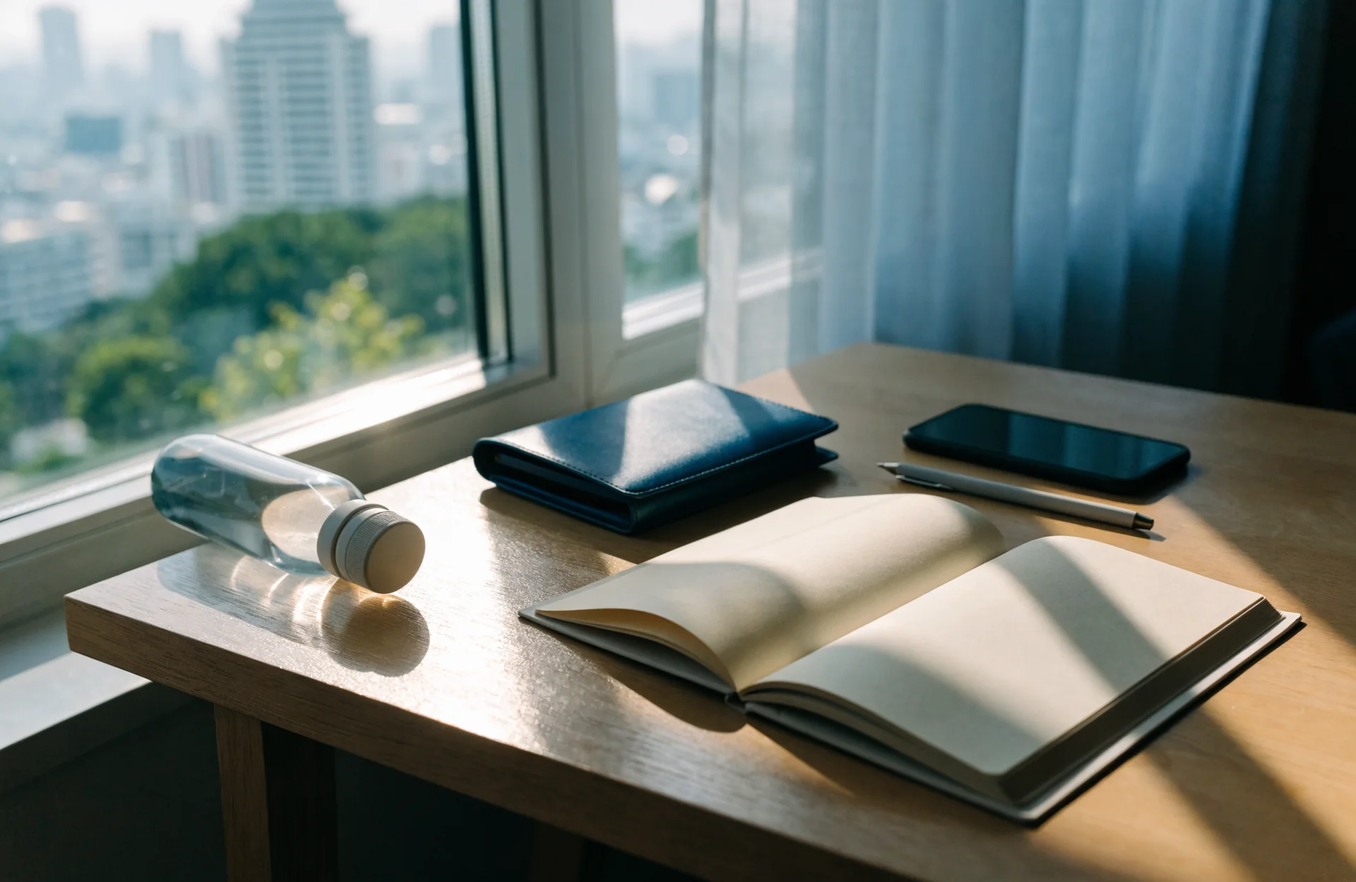 Illustrative travel planning desk with a blank notebook, wallet, phone and water bottle